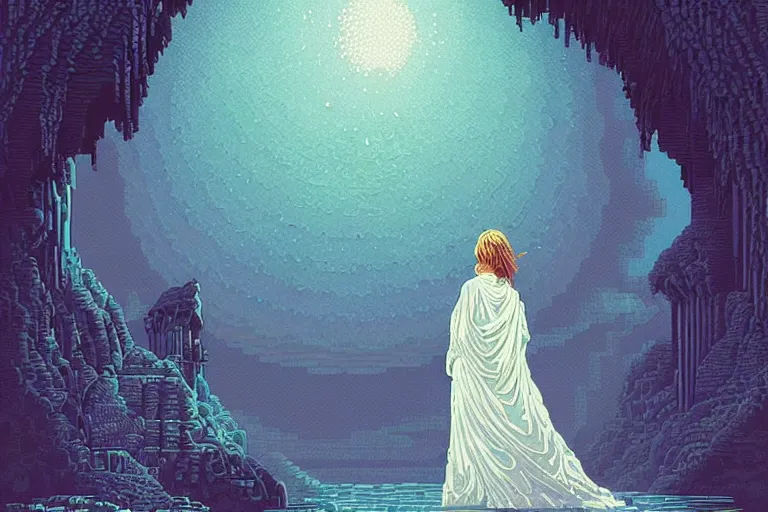 Prompt: the girl of white robes holds the moonstone, beautiful detailed pixelart by albertov, intricate details, beautiful, dithered gradients, volumetric lighting, cgsociety, artstation, smooth, sharp focus, 2 d illustration, amazing art by dan mumford