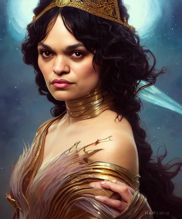 Image similar to Norah Jones as a fantasy magic woman portrait, sci-fi, amber eyes, face, long hair, fantasy, intricate, elegant, highly detailed, digital painting, artstation, concept art, smooth, sharp focus, illustration, art by artgerm and greg rutkowski and alphonse mucha