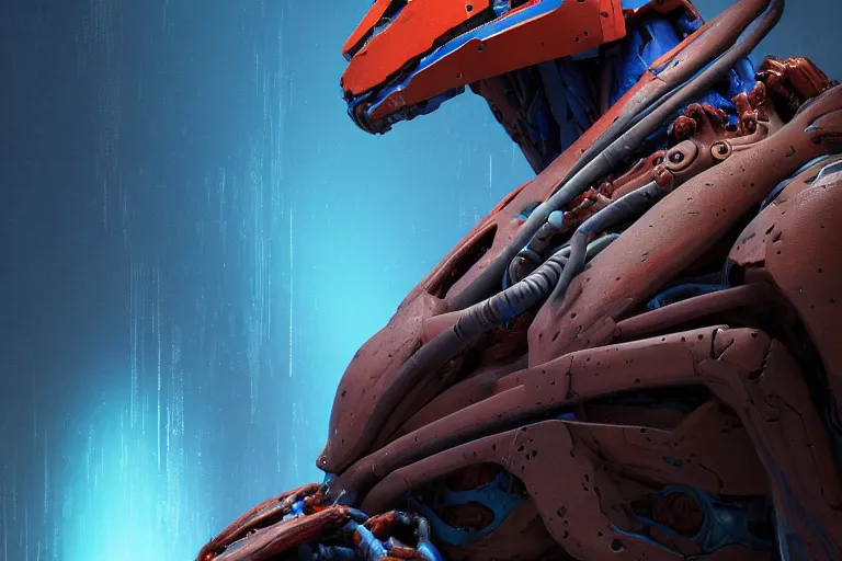 Image similar to portrait of a posed hyper detailed brown ultramarine burrower evangelion realistic mechanical and fleshy organic creature similar look as horizon forbidden west horizon zero dawn bioluminiscence in a dark deep forest at dawn in spring, with reflection and textures, by kilian eng, substance painter reaslitic mech surface metal painted scratches