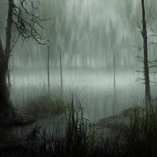 Prompt: artistic swamp with mystic fog, vegetation, water in the foreground, from horror movies, artstation