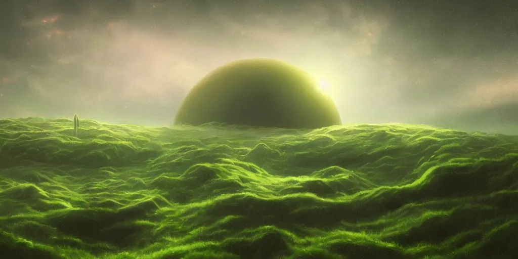 Image similar to digital art, trending on artstation, planet venus landscape, heavy green rain, nice lighting, perfect readability