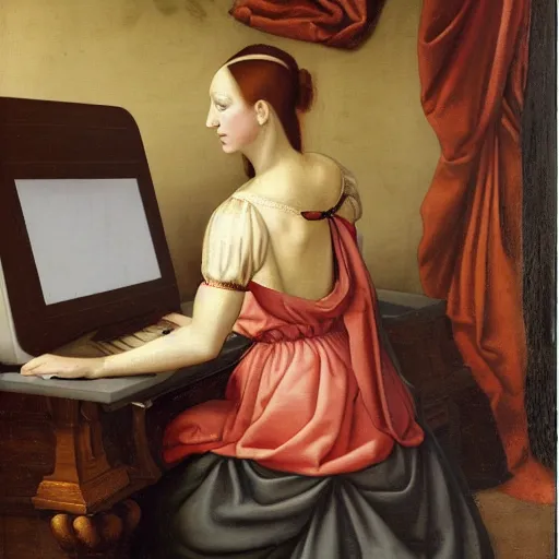 Image similar to Renaissance oil painting, full room view, skinny female artist back view, dark hair, pale grey babydoll dress, sleeveless, ruffle shoulders, typing on a computer keyboard facing a giant wall size computer screen