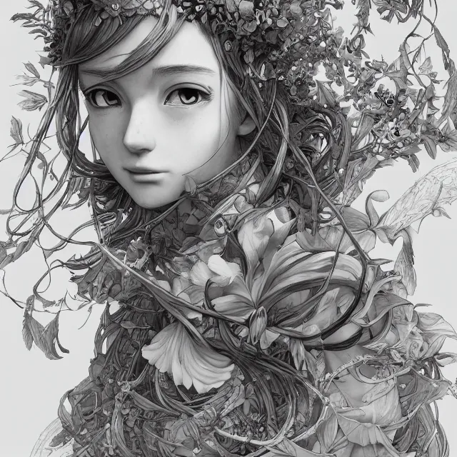 Image similar to the portrait of chaotic good female druid botanist as absurdly beautiful, gorgeous, elegant, young anime girl, an ultrafine hyperdetailed illustration by kim jung gi, irakli nadar, intricate linework, sharp focus, bright colors, octopath traveler, final fantasy, unreal engine 5 highly rendered, global illumination, radiant light, detailed and intricate environment