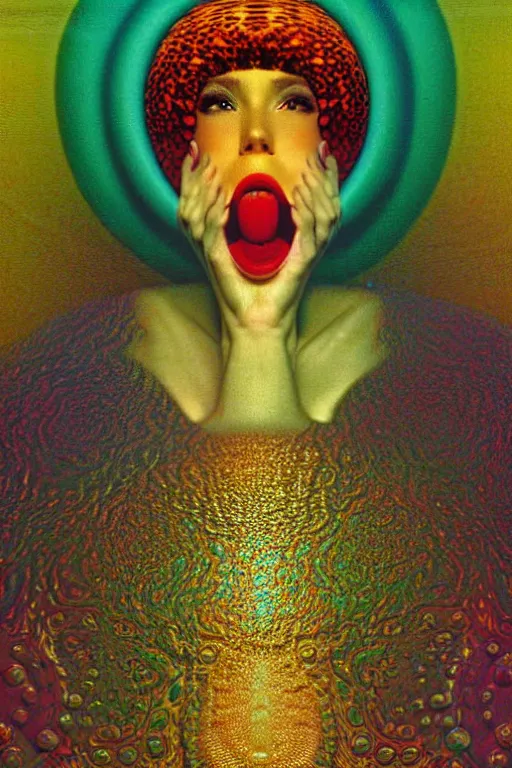 Image similar to 8 0 s art deco close up portait of mushroom head with big mouth surrounded by spheres, rain like a dream digital painting curvalinear clothing cinematic dramatic fluid lines otherworldly vaporwave interesting details epic composition by artgerm rutkowski moebius francis bacon gustav klimt