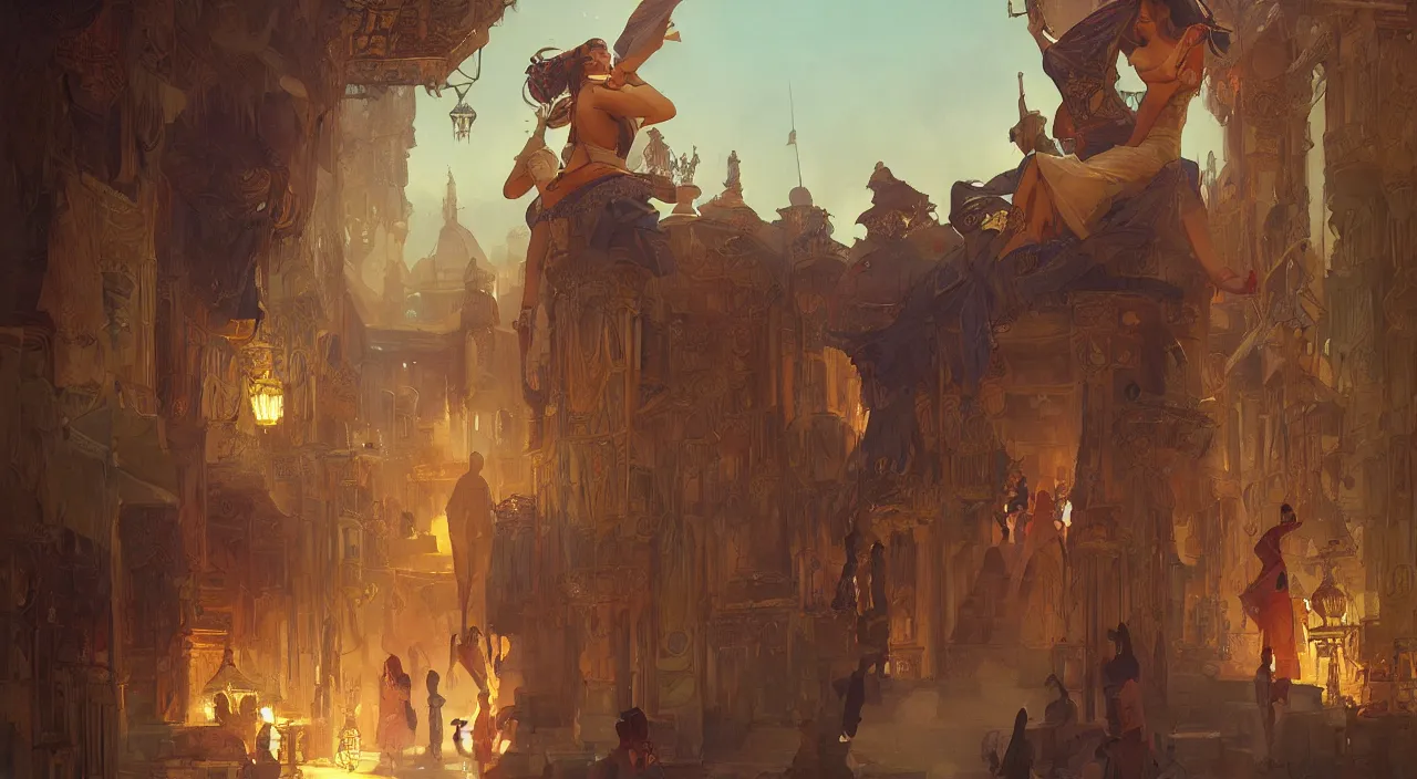 Image similar to bazaar zouk old egypt sky shine digital painting, artstation, concept art, illustration, cinematic lighting, art by artgerm and greg rutkowski and alphonse mucha