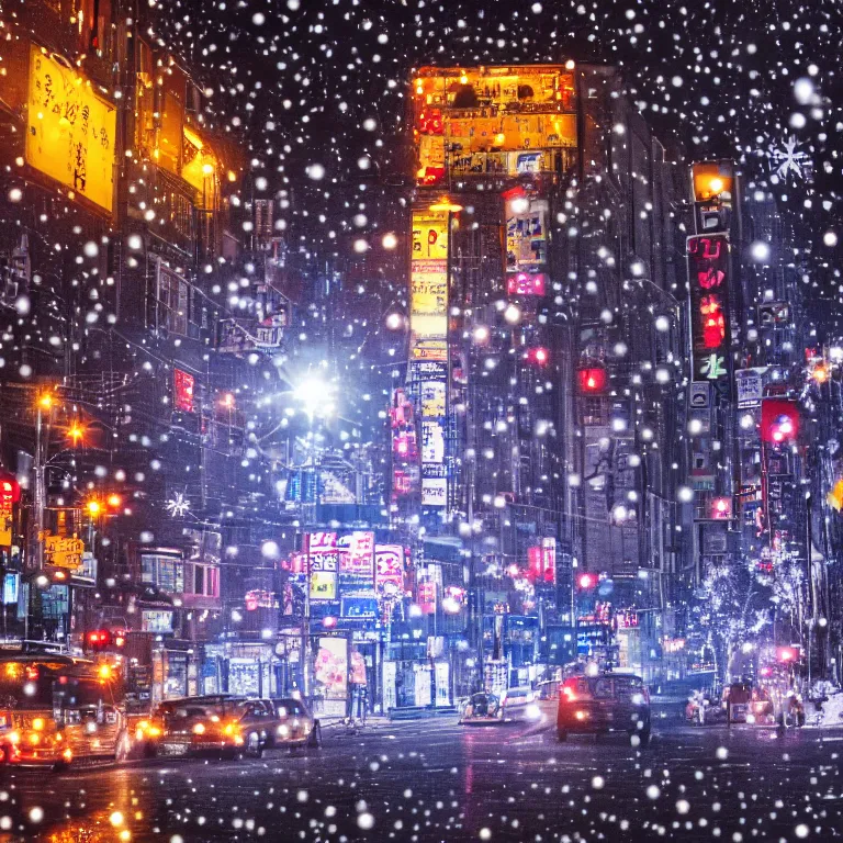 Image similar to illustration of osaka with many lights and lens flares, snowy winter christmas night
