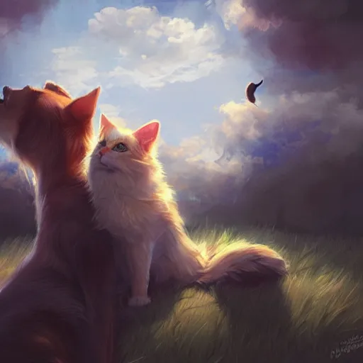 Image similar to A dog and cat stare intently towards the sky, digital art, artstation, Mandy Jurgens, CGSociety, WLOP