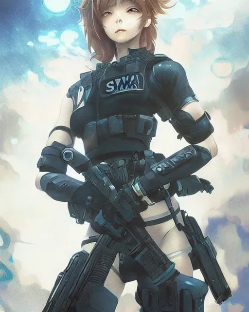 Image similar to nami, anime key visual of a young female swat officer, neon, cyberpunk, futuristic, white top, black vest, stunning, highly detailed, digital painting, smooth, soft focus, illustration, 4 k digital art from artstation by artgerm and greg rutkowski and alphonse mucha