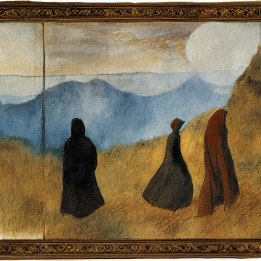 Image similar to concept art, long shot cloaked figures on a mountain, painting styles by Turner and Degas and Magritte and, painted on tarpaper with gold and silver pen and ink and palette knife, 8k, highly detailed _W 1024