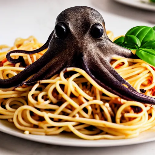 Image similar to an octopus on top of a plate of spaghetti, professional photography