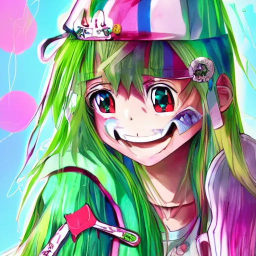 Image similar to digital 2 d, illustration, anime & manga, stylized, anime, colorful, smile, kawaii, decora, harajuku, grills, teeth, jewelry, bandaid, bandage, green hair, freckles, nails, nail art, fashion, stylish, rainbow