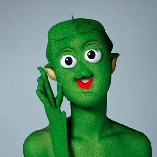 Prompt: photo of gumby as a real human with smooth shiny skin