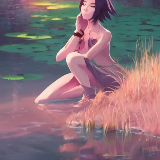 Image similar to fantasy woman girl kneeling in a pond miss attractive eye catching official fanart behance hd artstation by Rossdraws and Jesper Ejsing, by Makoto Shinkai and Lois van baarle, ilya kuvshinov, portrait soft pink theme