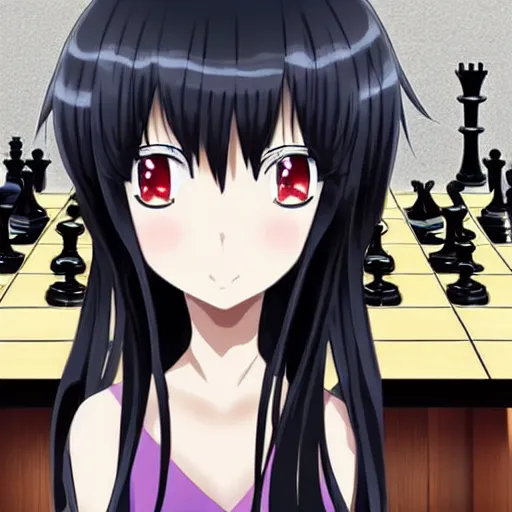 Prompt: anime portrait of long black hair anime girl pondering next to a chess set, cute, official art