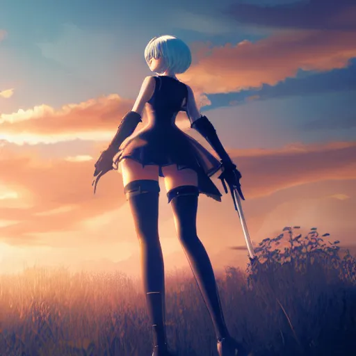 Prompt: 2B from NieR Automata looking at a sundown