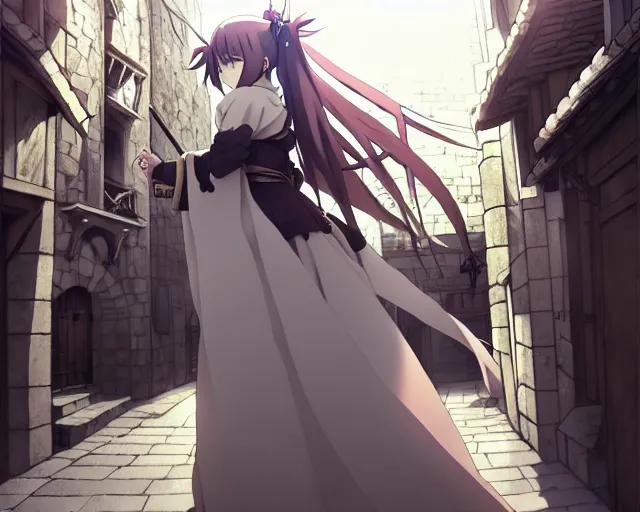 Image similar to pixiv, key anime visual portrait of a young female in robe walking through a busy medieval village, dynamic pose, dynamic perspective, cinematic, dramatic lighting, detailed silhouette, anime proportions, last exile, ghibli