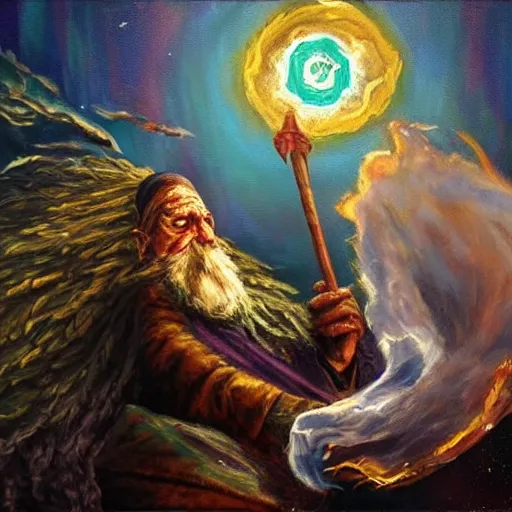 Prompt: Trash wizard conjures garbage comets to destroy his foes and make them stinky, realistic oil painting, fantastic