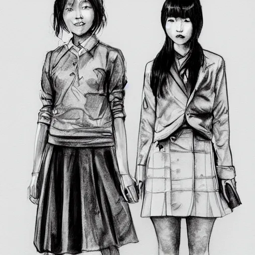 Prompt: a perfect, realistic professional digital sketch for a movie, two Japanese schoolgirls posing, in style of Marvel, full length, by pen and watercolor, by a professional American senior artist on ArtStation, a high-quality hollywood-style sketch, on high-quality paper