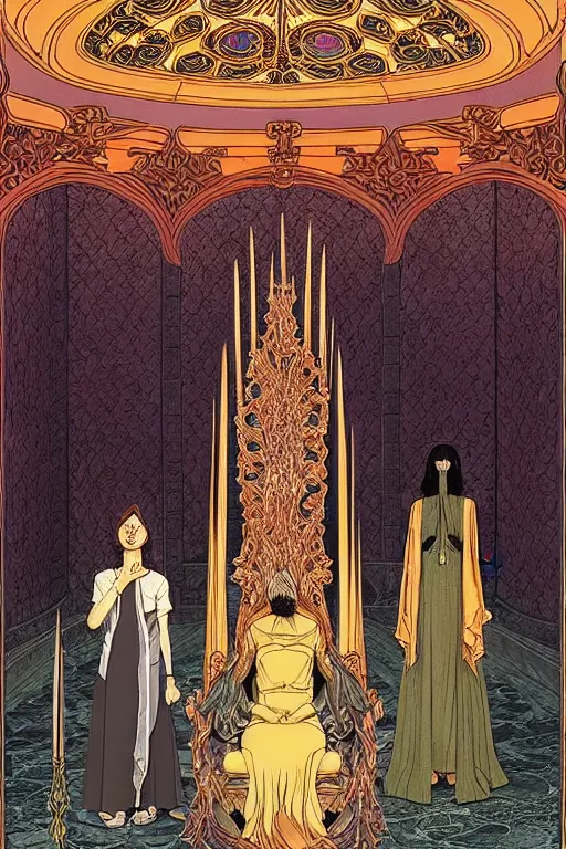 Prompt: intense wiccan cover art bakground glass in the throne room intricate elegant highly detailed by wes anderson and hasui kawase and scott listfield