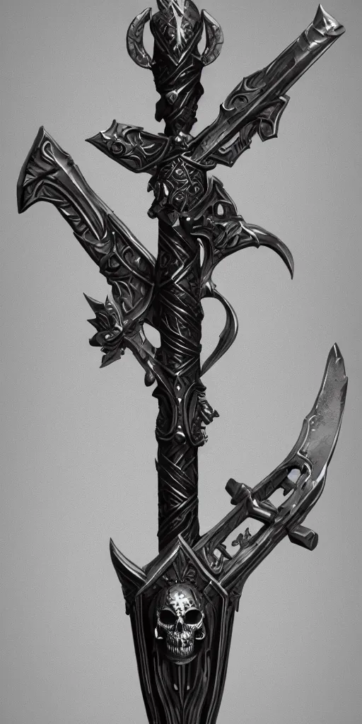 Image similar to a black and silver sword skull crest, weapon, a 3 d render by dom qwek, front side, concept art, trending on polycount, artstation, hard surface modeling, rendered in maya, zbrush, hd, vray, blizzard, symmetry