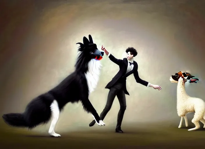 Image similar to wide shot painting of a male anthropomorphic border collie fursona dancing with a cute female anthropomorphic sheep fursona in a ballroom, beautiful, intricate, elegant, realistic proportions, highly detailed, scenic background, trending on artstation, art by charlie bowater and henry asencio and and ross tran