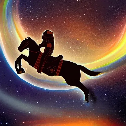 Image similar to digital art, astronaut riding a horse in space