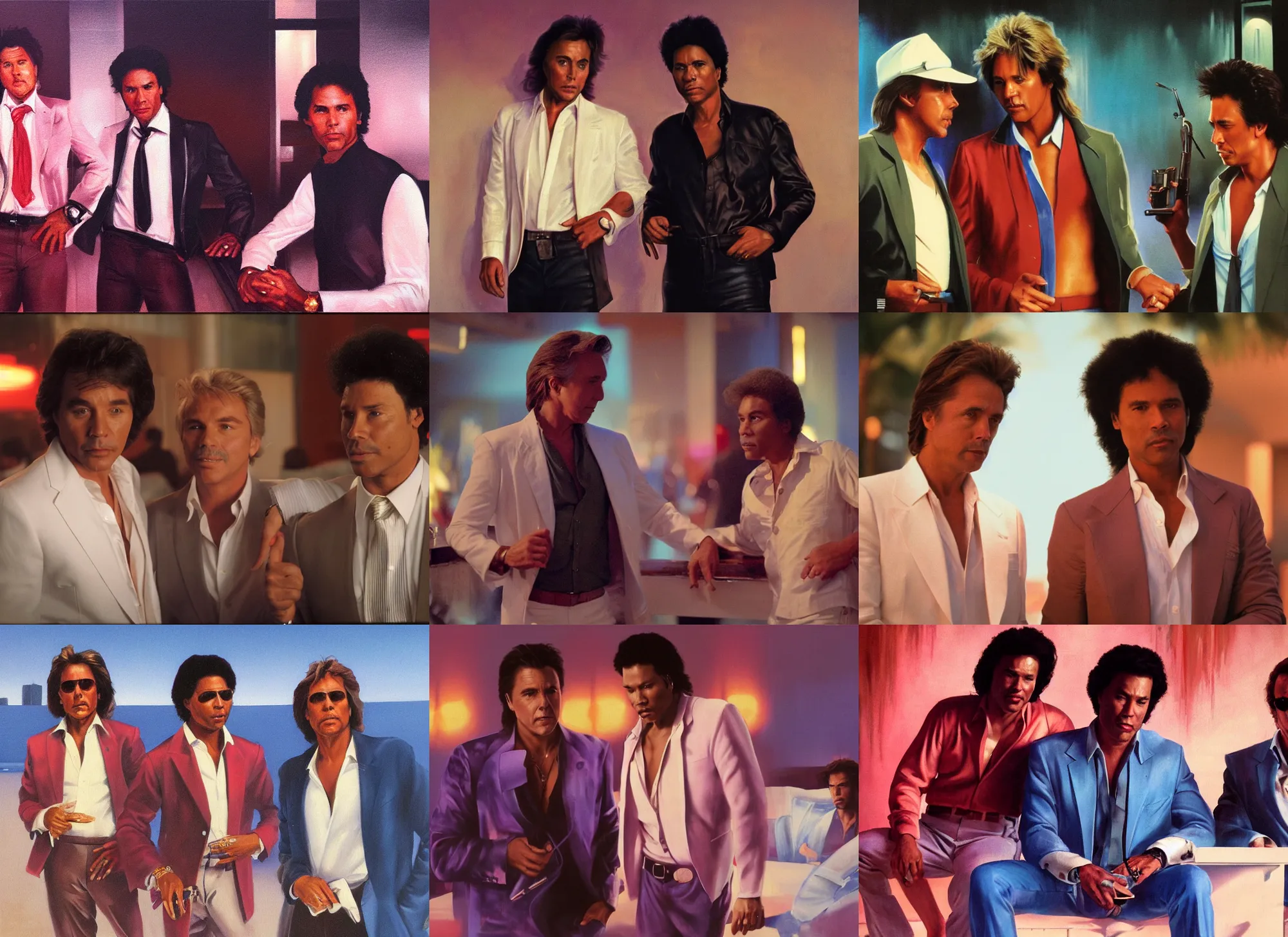 Prompt: a portrait painting of don johnson and philip michael thomas in eighties miami vice, night club, ultra realistic, highly detailed faces, true life, 8 k, masterpiece, cinematic, by frank frazetta, greg rutkowski, yoko taro, christian macnevin, beeple, wlop, krenz cushart, epic character art, volumetric lighting