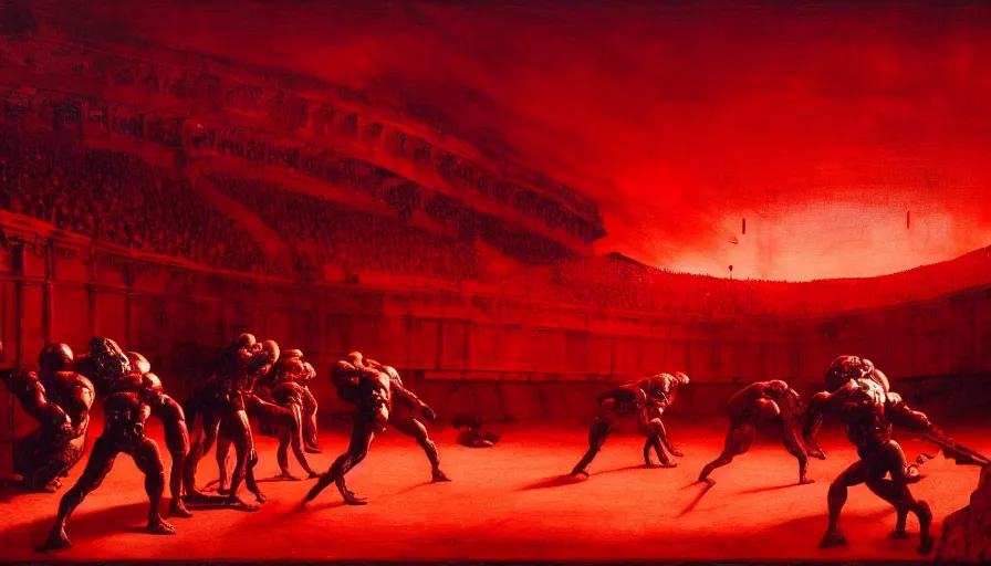 Image similar to only with red, a lightly armored gladiator in a crowded roman amphitheatre, crowd cheering, in the style of beksinski and edward hopper and rodcenko and yue minjun and artgerm, intricate and epic composition, red by caravaggio, highly detailed, masterpiece, red light, artstation, art nouveau