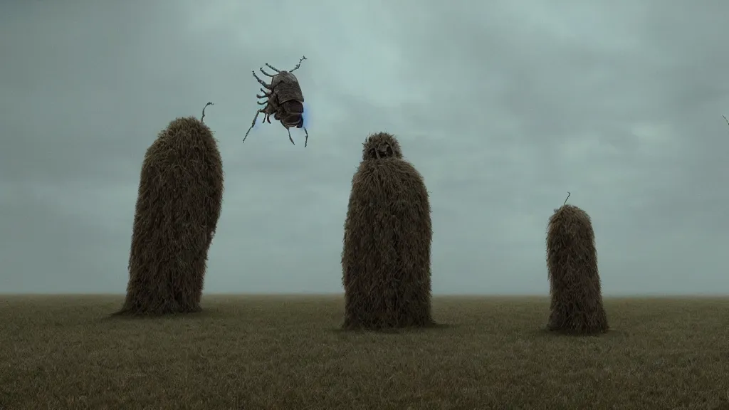 Image similar to we talk to the giant insect in our home, he is not happy, film still from the movie directed by Denis Villeneuve with art direction by Zdzisław Beksiński, wide lens