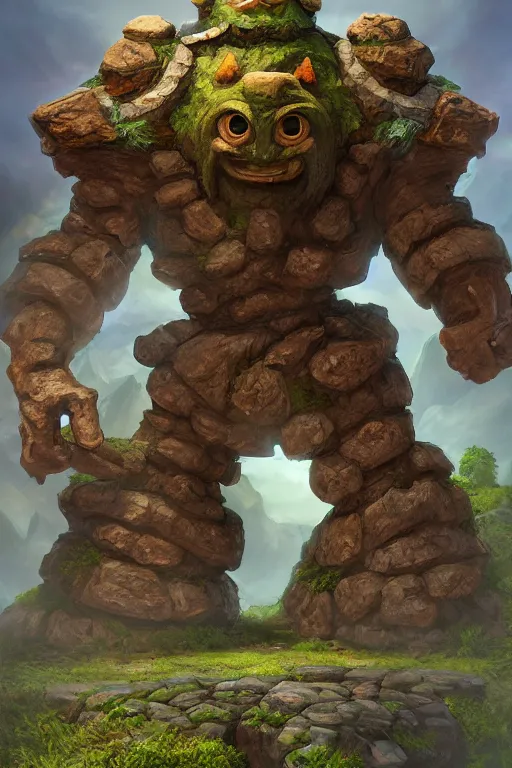 Image similar to zelda fantasy art giant golem troll wood rock greeble gemstone, global illumination ray tracing hdr fanart arstation by sung choi and eric pfeiffer and gabriel garza and casper konefal