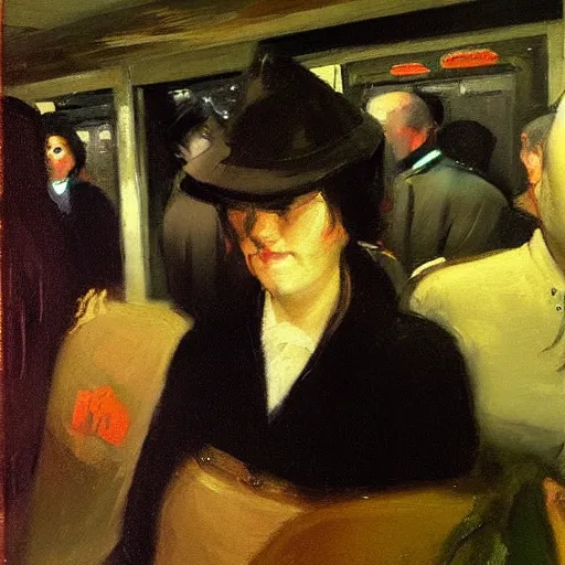 Image similar to “ a girl in the new york city subway, oil painting, by george bellows ”