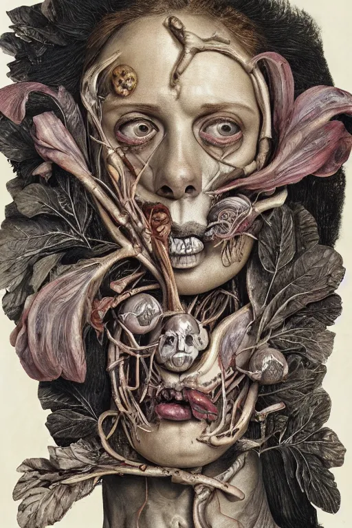 Image similar to Detailed maximalist portrait of a greek god with large lips and eyes, scared expression, botanical anatomy, skeletal with extra flesh, HD mixed media, 3D collage, highly detailed and intricate, surreal illustration in the style of Jenny Saville, dark art, baroque, centred in image