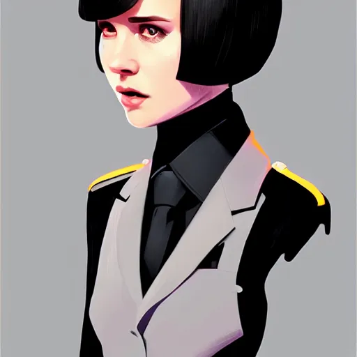 Image similar to young british special ops female in black tuxedo, muted colors, matte print, pastel colors, 2d, ultra highly detailed, smooth, sharp focus, digital art, digital painting, fan art, elegant, artstation, head is centered, by Ilya Kuvshinov