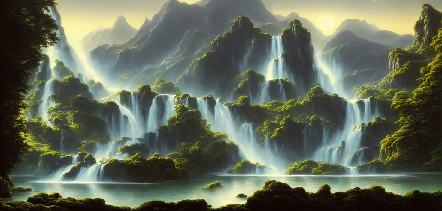 Image similar to a painting of a waterfall and a lake surrounded by mountains, a detailed matte painting by david a. hardy, featured on cgsociety, fantasy art, matte painting, 2 d game art, concept art