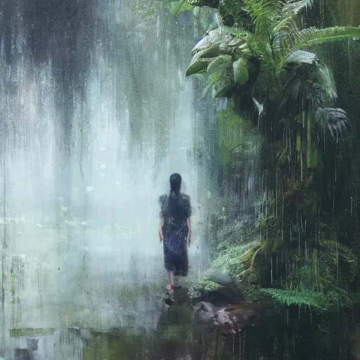 Prompt: a portrait of a character in a rainforest by Ruan Jia, raining