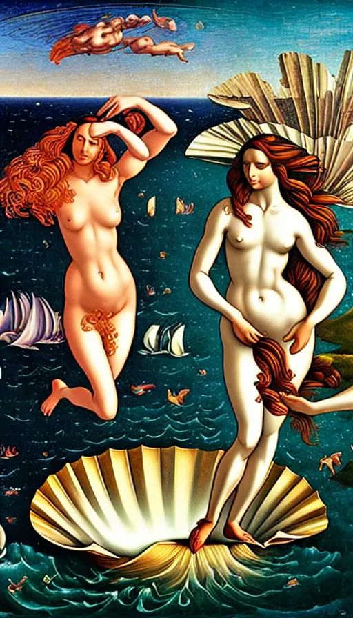 Prompt: the birth of venus, italian futurism, da vinci, dan mumford, josan gonzalez