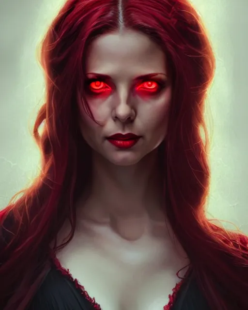 Image similar to Scarlet witch outfit Sarah Michelle Gellar, black magic, realistic character concept, full body, scary pose, comic book, illustration,;cinematic lighting, high resolution, Charlie Bowater, Norman Rockwell, symmetrical eyes, single face, insanely detailed and intricate, beautiful