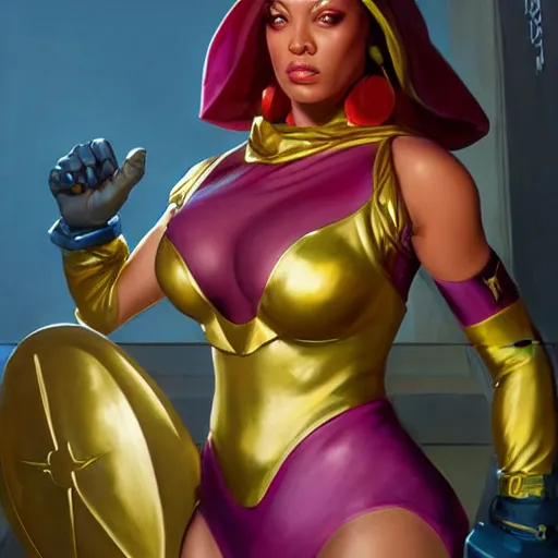 Image similar to greg manchess portrait painting of partially armored menat from street fighter as overwatch character, medium shot, asymmetrical, profile picture, organic painting, sunny day, matte painting, bold shapes, hard edges, street art, trending on artstation, by huang guangjian and gil elvgren and greg rutkowski