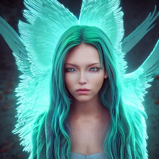 Image similar to angel spirit guide, cartoon portrait made out of rain, realistic, highly detailed, neon, rendered in octane, unreal engine, beautiful, trending on artstation,