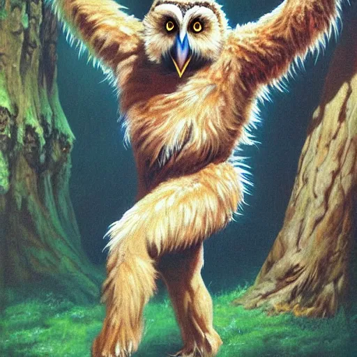 Image similar to three quarter portrait of an owlbear in the forest, d & d, fantasy, boris vallejo,