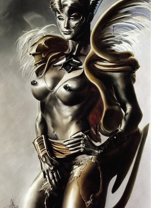 Image similar to a stunning medium shot portrait of julianne hough as a futuristic warrior, digital art by frank frazetta and boris vallejo and julie bell and moebius, highly detailed, trending on artstation, hq