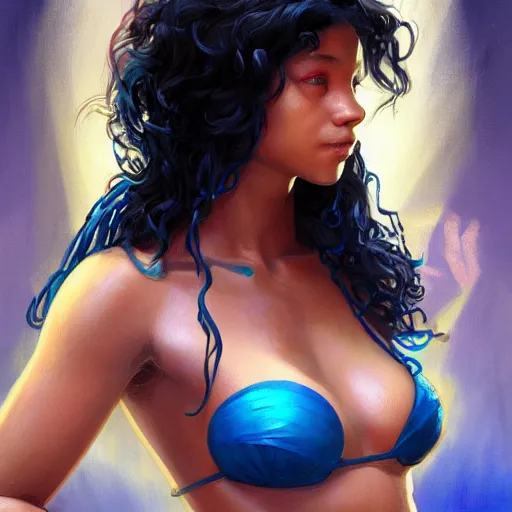 Prompt: a young black girl wearing bikini, blue hair, young simon baker, D&D, fantasy, portrait, highly detailed, digital painting, artstation, concept art, sharp focus, illustration, art by artgerm and greg rutkowski and alphonse mucha, 16k resolution