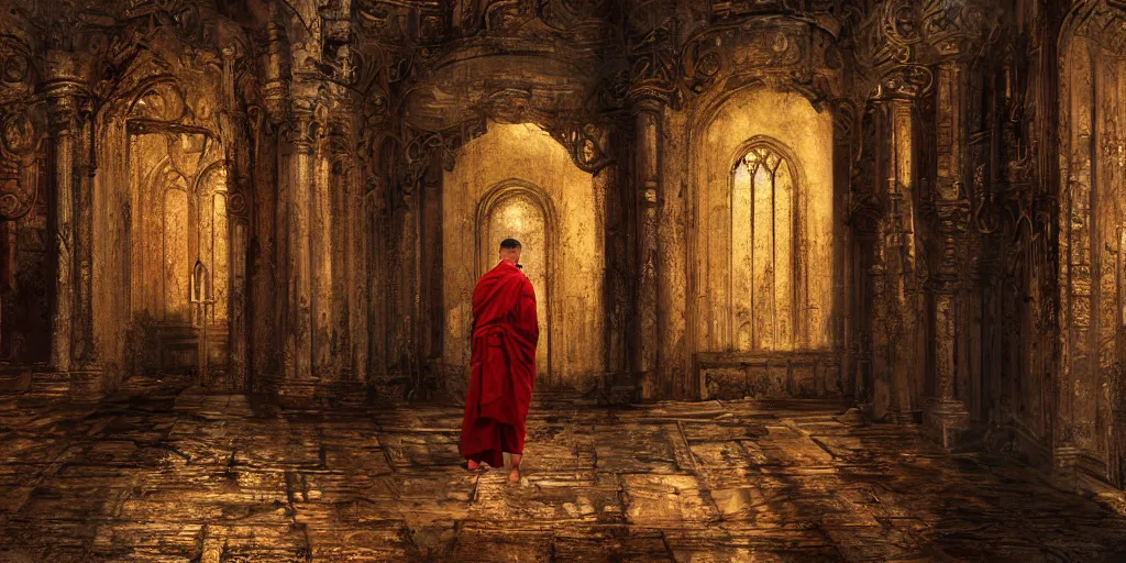 Prompt: gloomy painting of monk in biopunk costume standing in doors inside ruined catholic cathedral interiors with walls painted in khokhloma style, gold, red and black, wide angle, 24mm, 8k resolution, detailed, realistic, digital art, very beautiful, award winning, matte painting