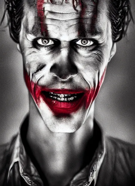 Image similar to photo of Bill Skarsgard as the Joker by Eolo Perfido and Lee Jeffries, big smile, head shot, detailed, award winning, Sony a7R