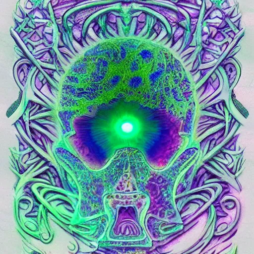 Prompt: fracal nebula psy trip ghost color an ancient white bone and emerald gemstone relic, intricate engraving concept art style