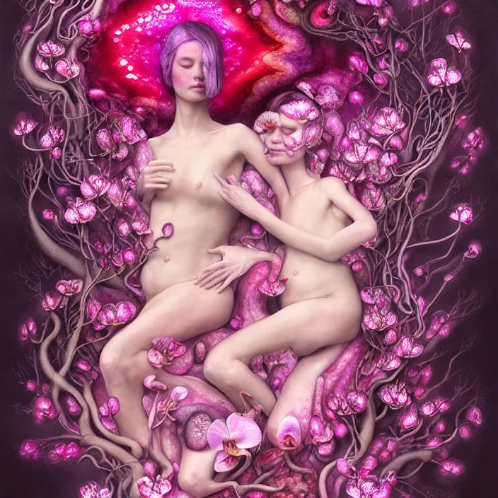 Image similar to extremely psychedelic fetus made of orchid and cherry blossom tree and mushroom, LSD, diffuse lighting, fantasy, intricate, elegant, highly detailed, lifelike, photorealistic, digital painting, artstation, illustration, concept art, smooth, sharp focus, art by John Collier and Albert Aublet and Krenz Cushart and Artem Demura and Alphonse Mucha