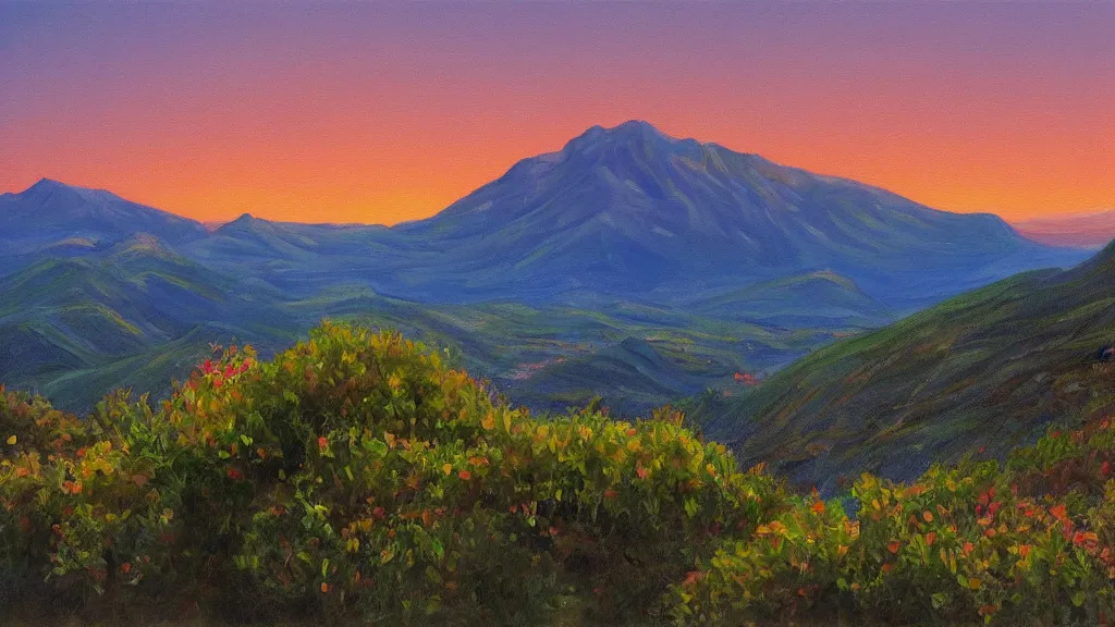 Image similar to High-Quality realist painting of Montserrat Mountain at dawn, peaceful, very detailed, digital art.