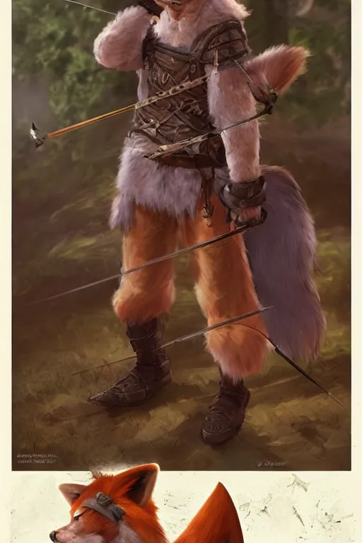 Prompt: a medieval anthropomorphic werefox archer with a fluffy tail as a dnd character, trending on artstation, cgsociety