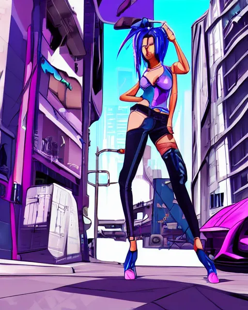 Image similar to cel shaded art of a pretty blue haired girl standing next to a purple lamborghinil, jet grind radio graphics, cyberpunk city street background