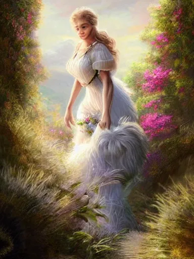 Image similar to a woman and a lion, wearing a cute white dress adorned with flowers, hugging a ferocious lion. intricate, elegant, highly detailed, digital painting, artstation, concept art, sharp focus, illustration, by justin gerard and artgerm, 8 k